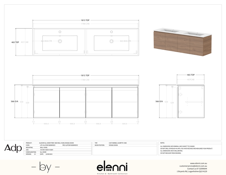 Glacier FD, All Door, 1800 Twin WH, Ceramic Double Bowl - Elenni specification drawing