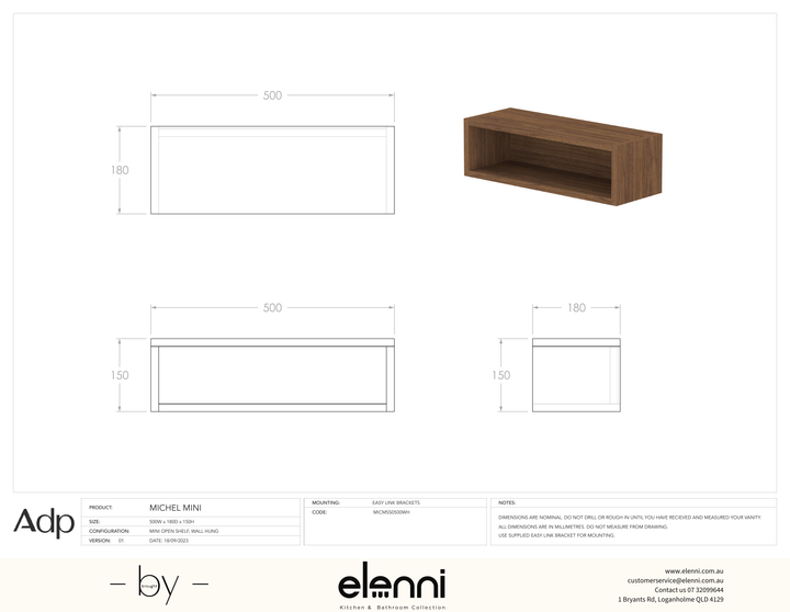 Michel Mini Open Shelf - Elenni specification drawing