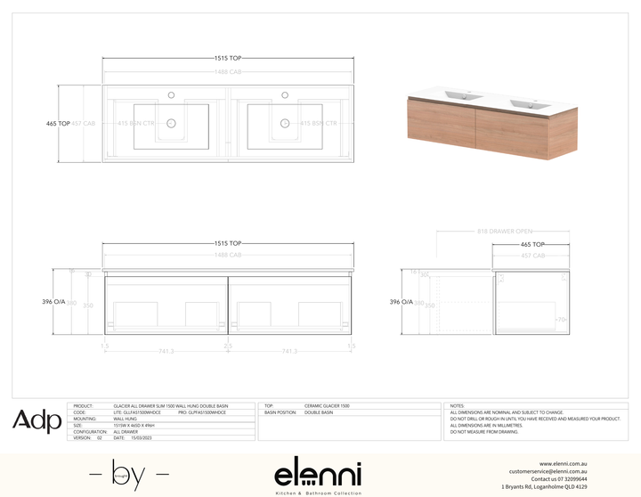 Glacier FD, All Drawer, 1500 Slim WH, Ceramic Double Bowl - Elenni specification drawing