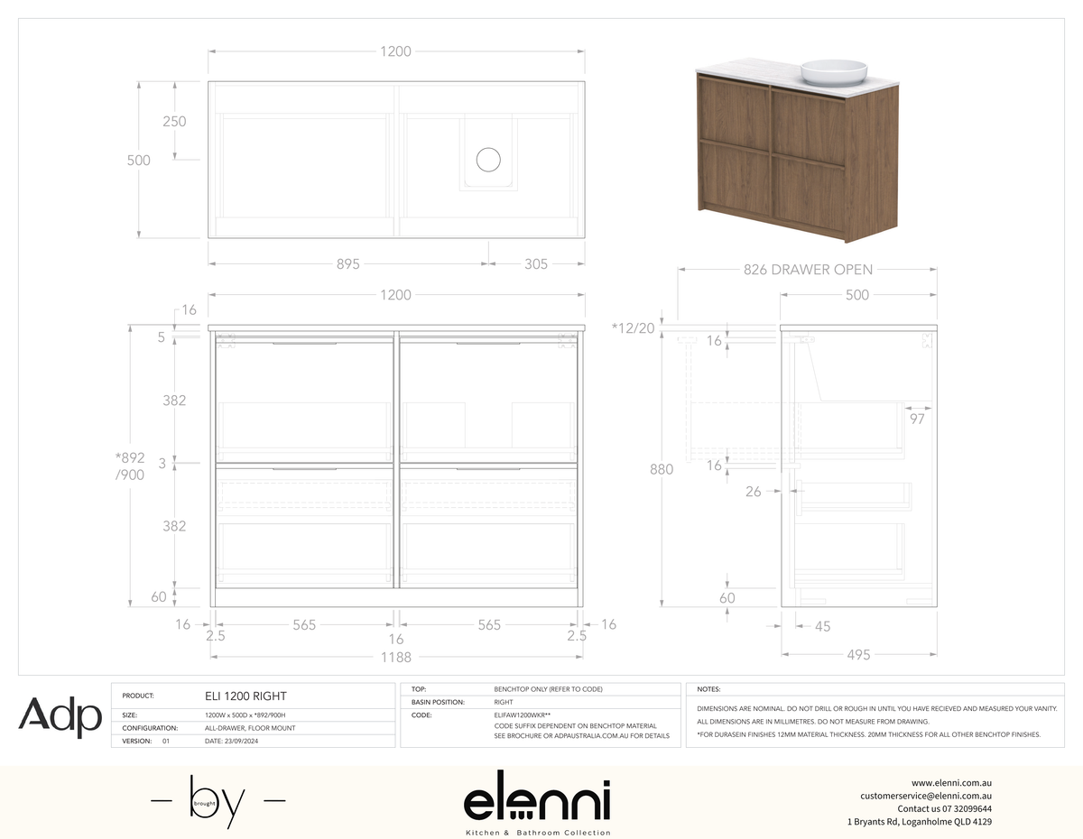 Eli 1200 Floor Mount Right Offset, Elenni specification drawing