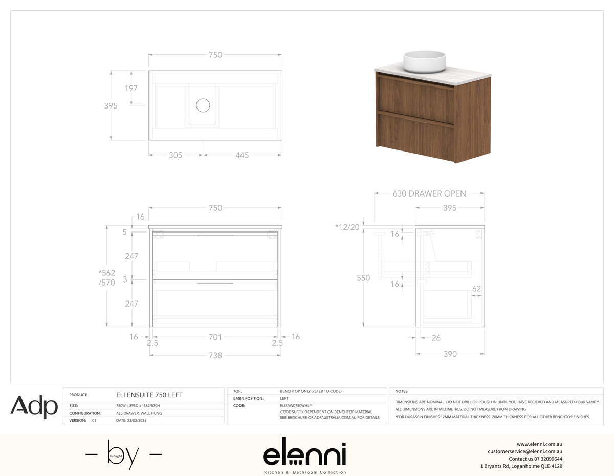 Eli Ensuite 750 Wall Hung Left Offset, Elenni specification drawing