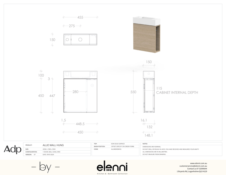 Allie Wall Hung, Elenni specification drawing