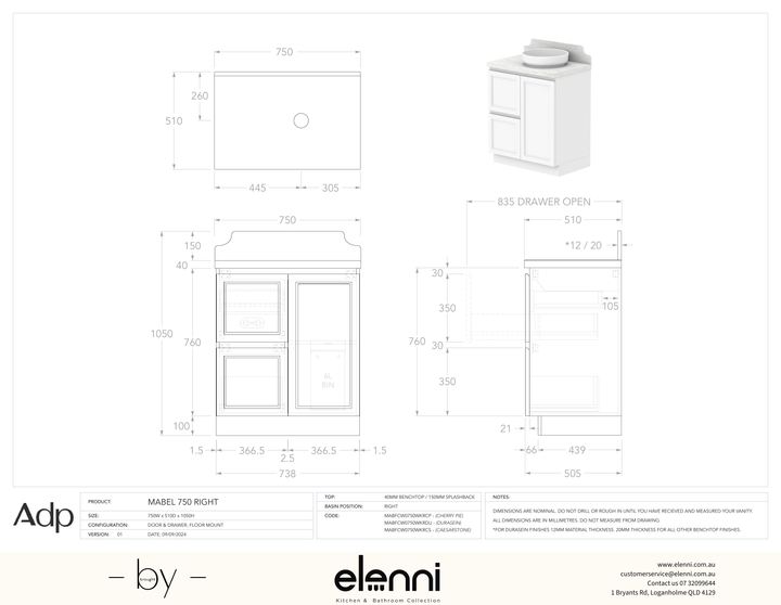 Mabel 750 Floor Mount Right Offset, Elenni specification drawing