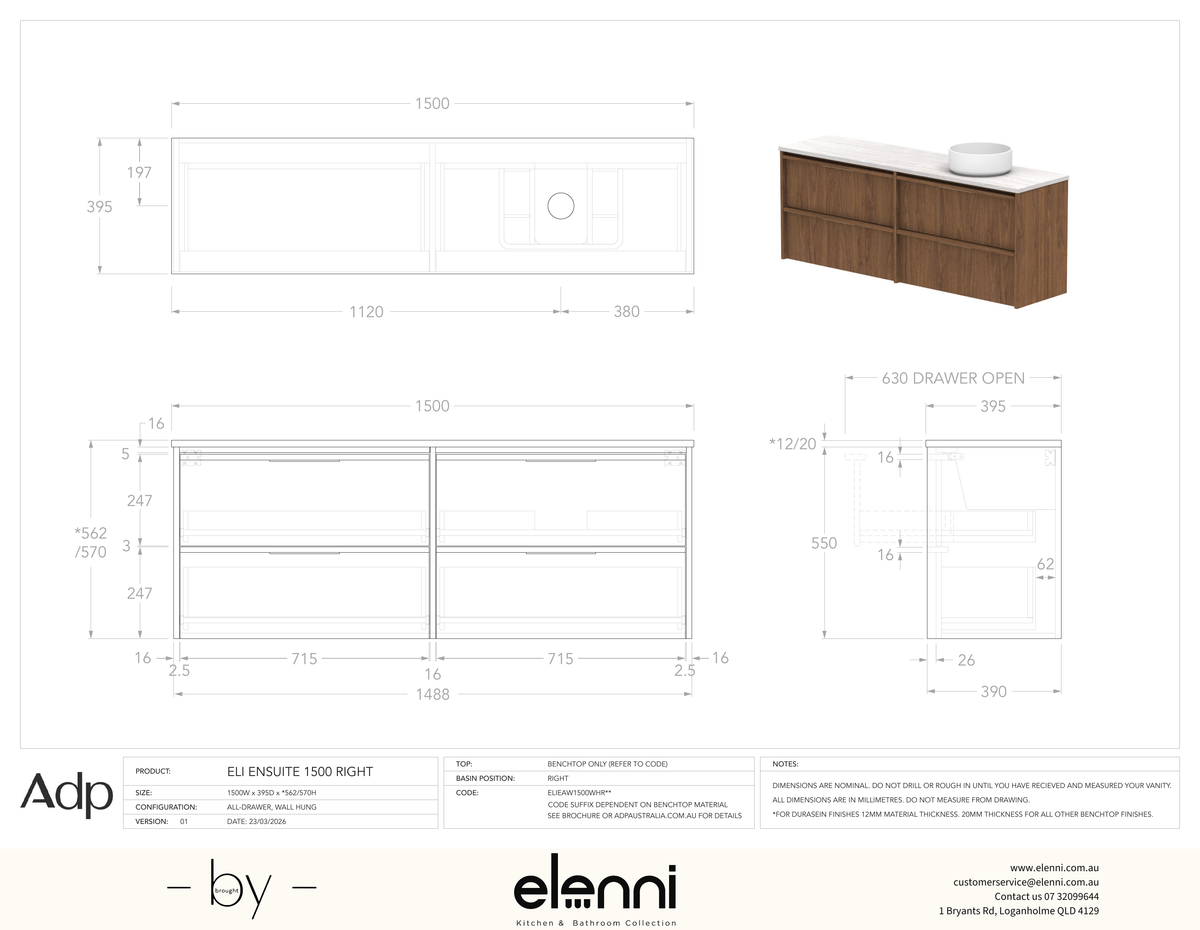 Eli Ensuite 1500 Wall Hung Right Offset, Elenni specification drawing