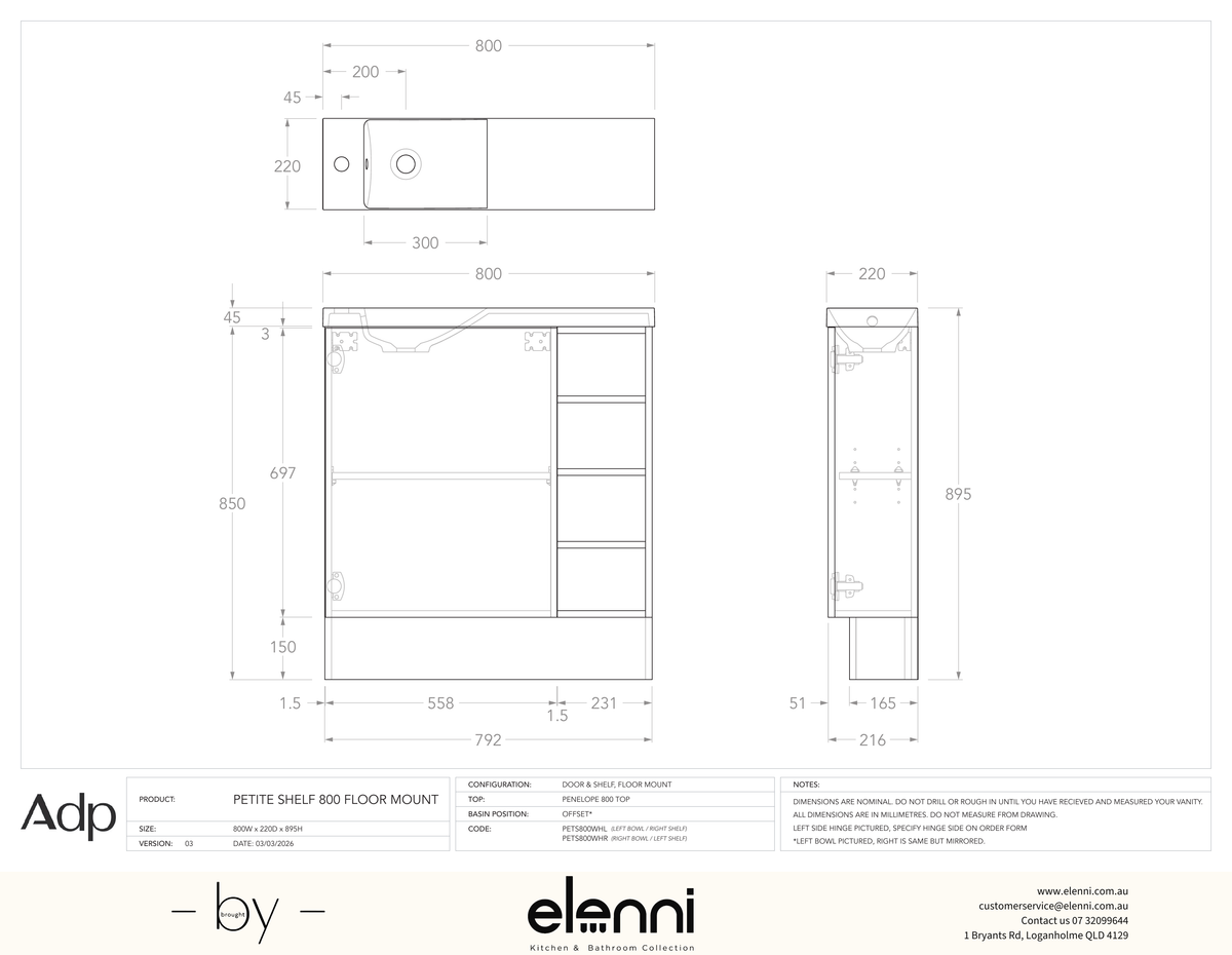 Petite Shelf Floor Mount, Elenni specification drawing