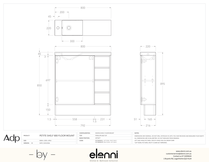 Petite Shelf Floor Mount, Elenni specification drawing