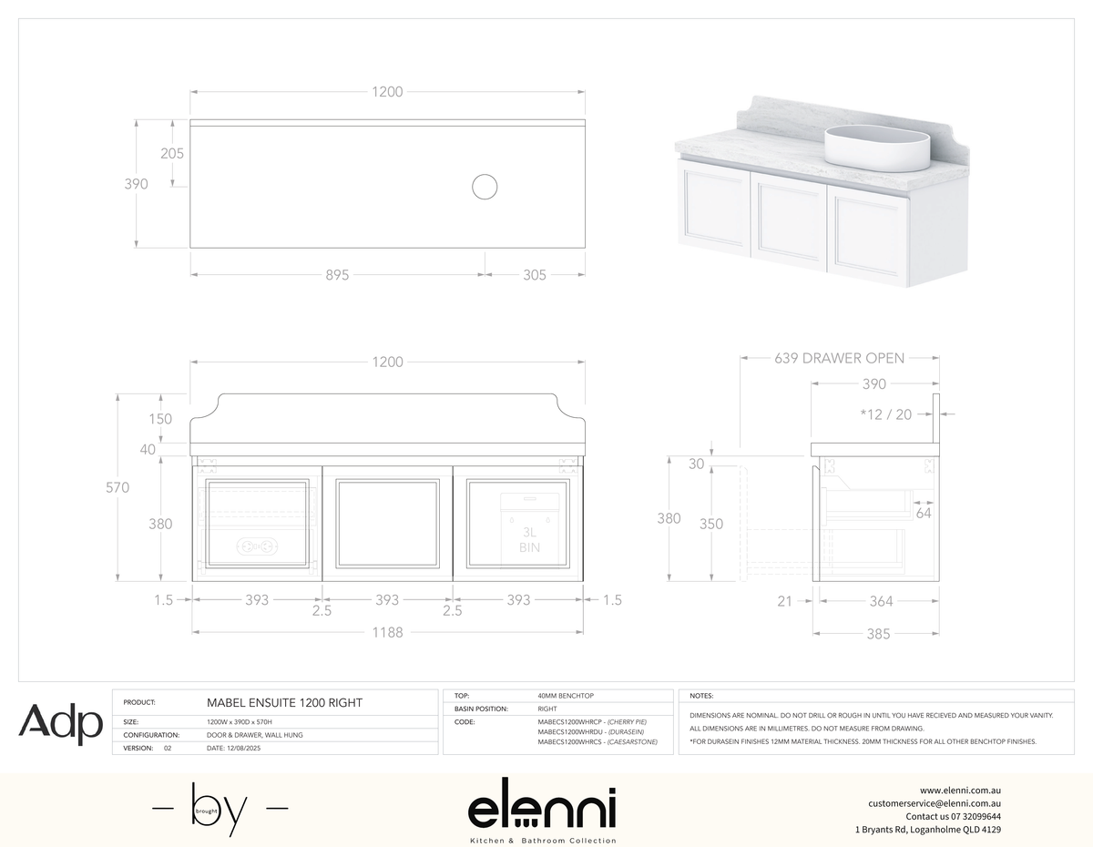 Mabel Ensuite 1200 Wall Hung Right Offset, Elenni specification drawing
