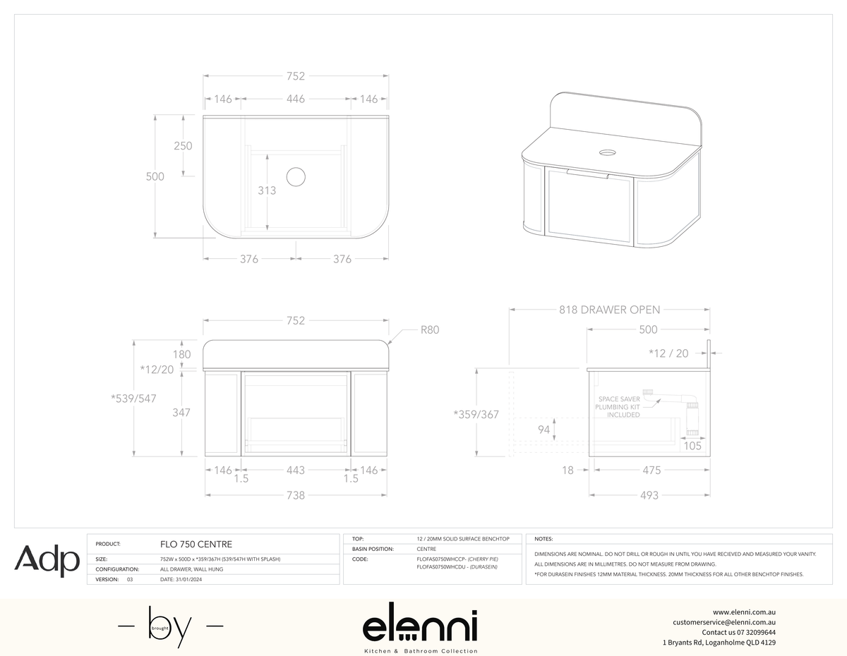 Flo 750 Centre - Elenni specification drawing