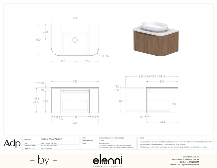 Surry 750, Benchtop, Centre Bowl, Elenni specification drawing