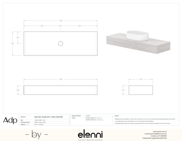 Michel Ensuite 1200 Centre - Elenni specification drawing