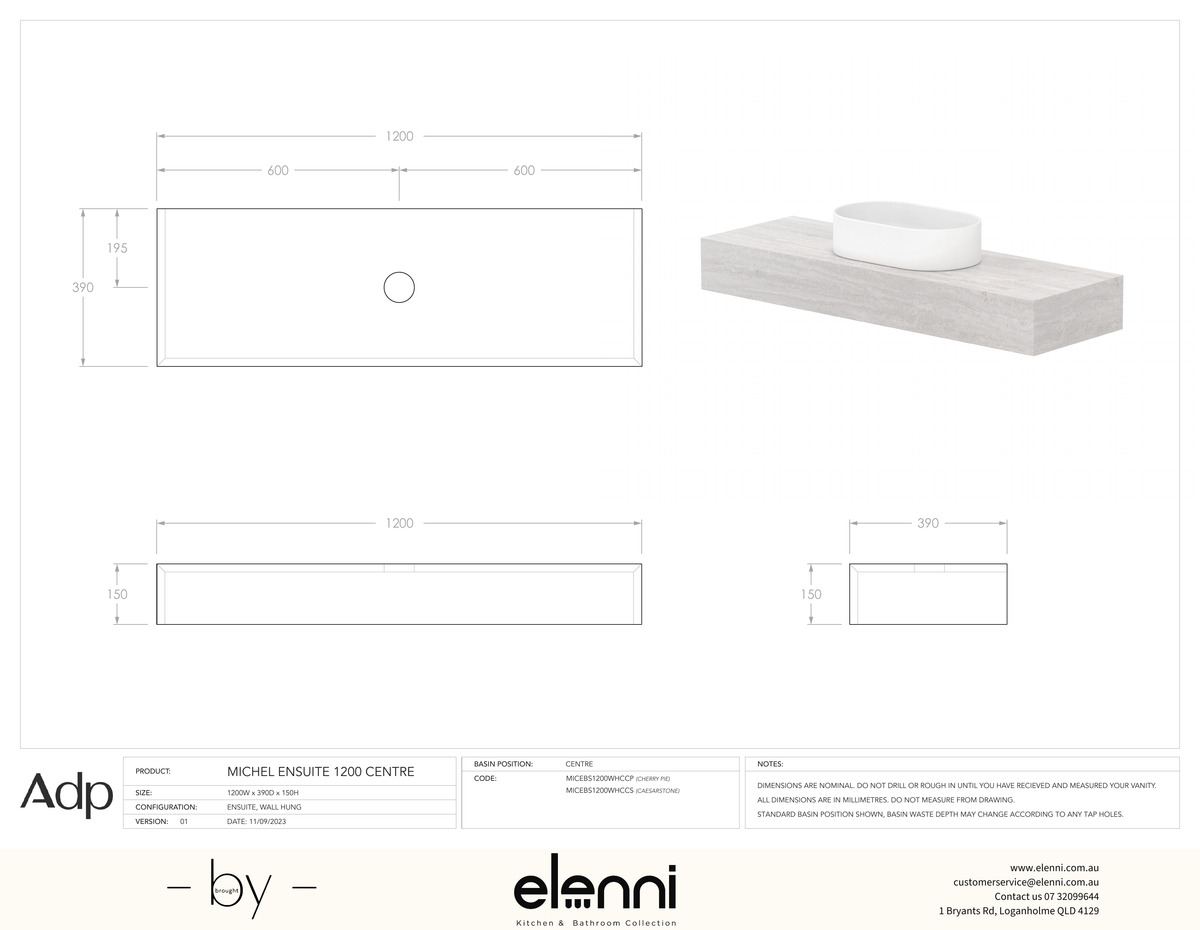 Michel Ensuite 1200 Centre, Elenni specification drawing