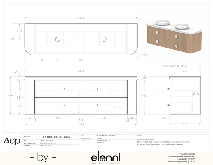 Thea 1800, Royale, Double Bowl, Elenni specification drawing