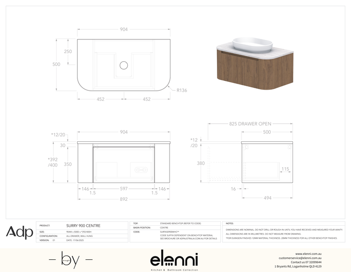 Surry 900, Benchtop, Centre Bowl, Elenni specification drawing