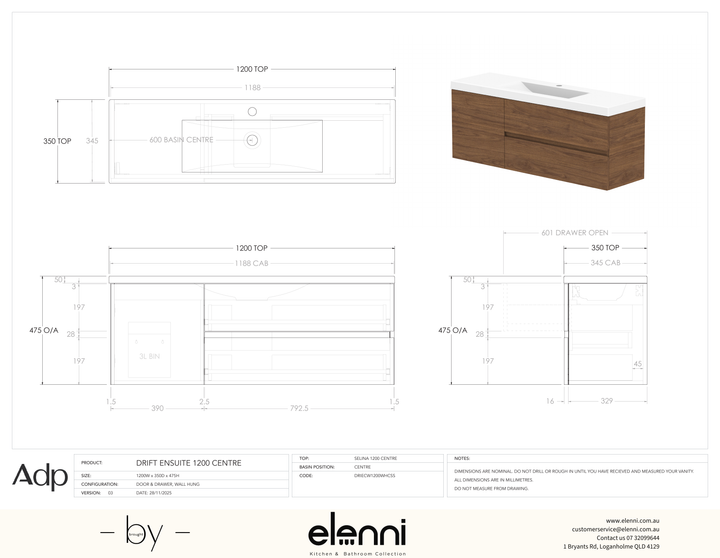 Drift Ensuite 1200 Centre - Elenni specification drawing