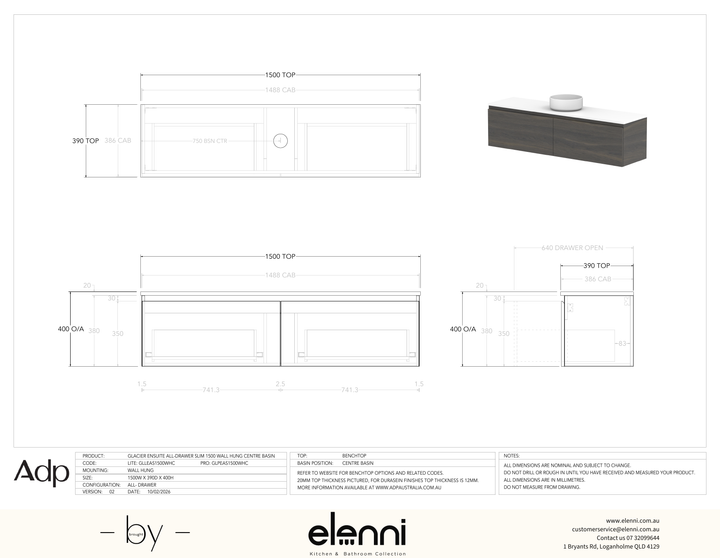 Glacier Ensuite, All-Drawer 1500 Slim WH, Benchtop Centre Bowl - Elenni specification drawing