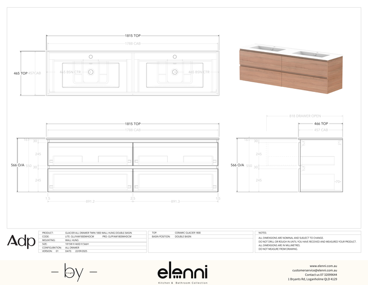 Glacier FD, All Drawer, 1800 Twin WH, Ceramic Double Bowl - Elenni specification drawing