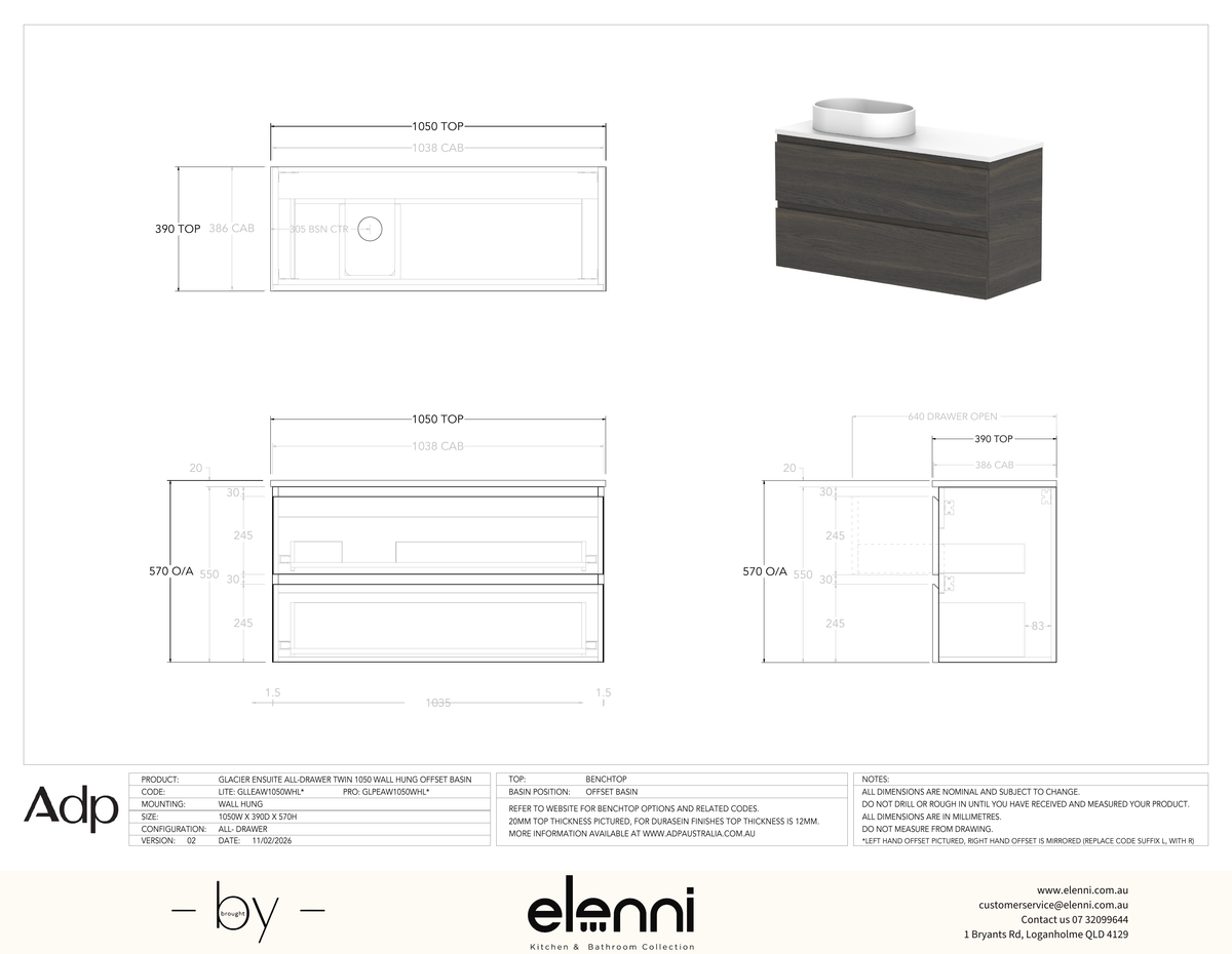 Glacier Ensuite, All-Drawer 1050 Twin WH, Benchtop Offset Bowl - Elenni specification drawing