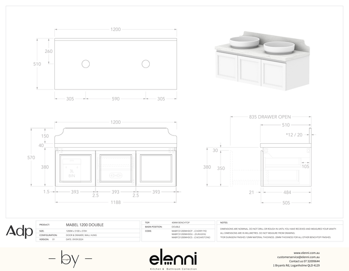 Mabel 1200 Wall Hung Double, Elenni specification drawing