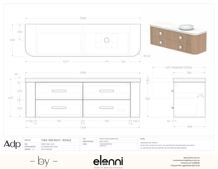 Thea 1800, Royale, Right Offset Bowl, Elenni specification drawing