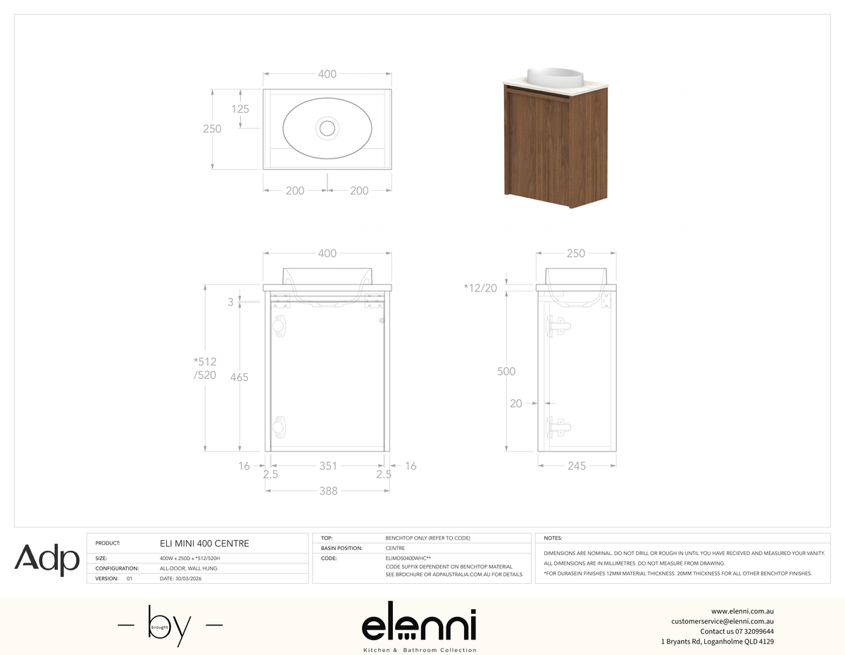Eli Mini 400 Wall Hung Centre - Elenni specification drawing