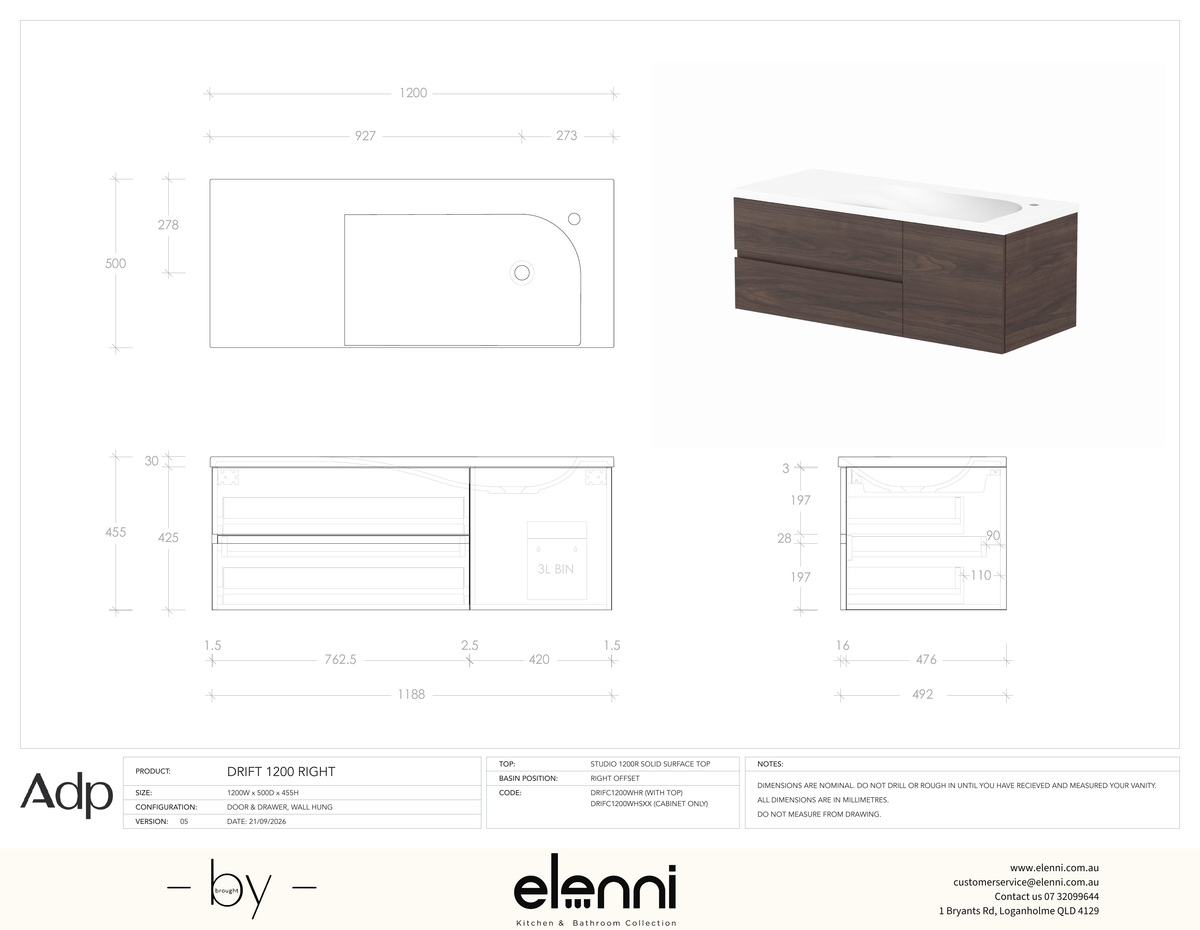 Drift 1200mm Right - Elenni specification drawing