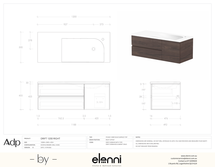 Drift 1200mm Right - Elenni specification drawing