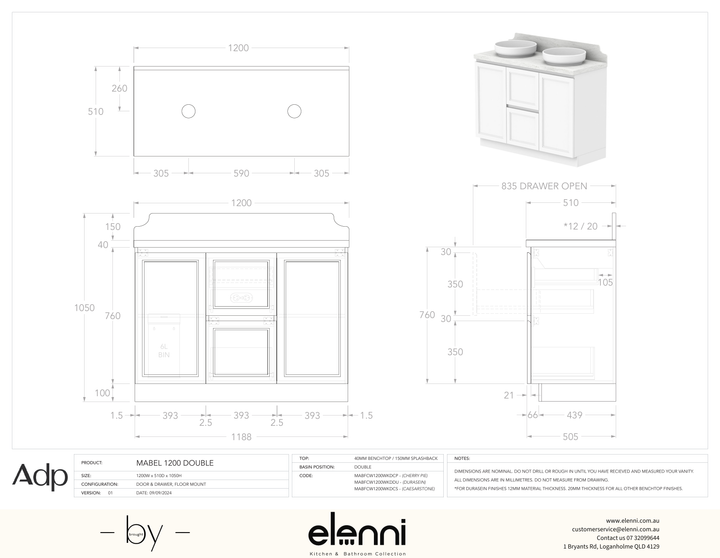 Mabel 1200 Floor Mount Double, Elenni specification drawing