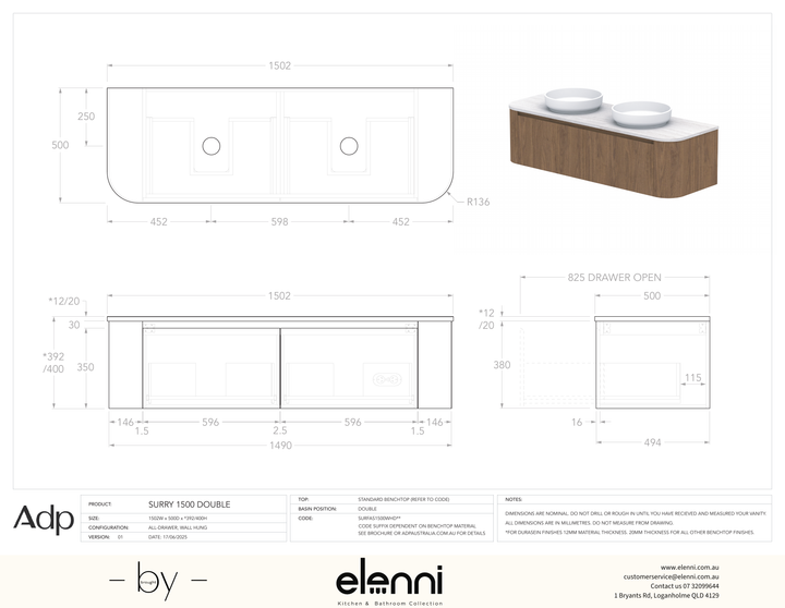 Surry 1500, Benchtop, Double Bowl, Elenni specification drawing