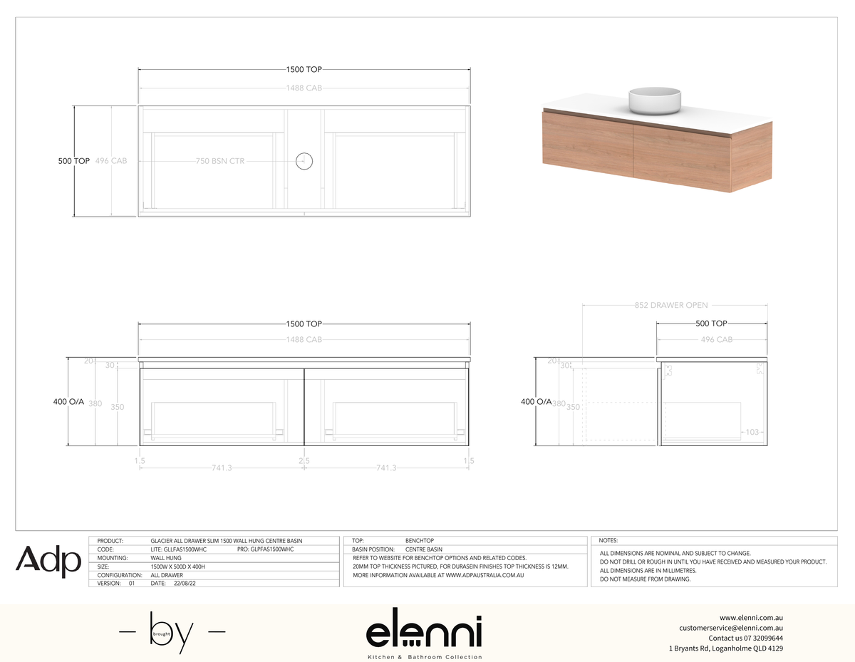Glacier FD, All Drawer, 1500 Slim WH, Benchtop Centre Bowl - Elenni specification drawing