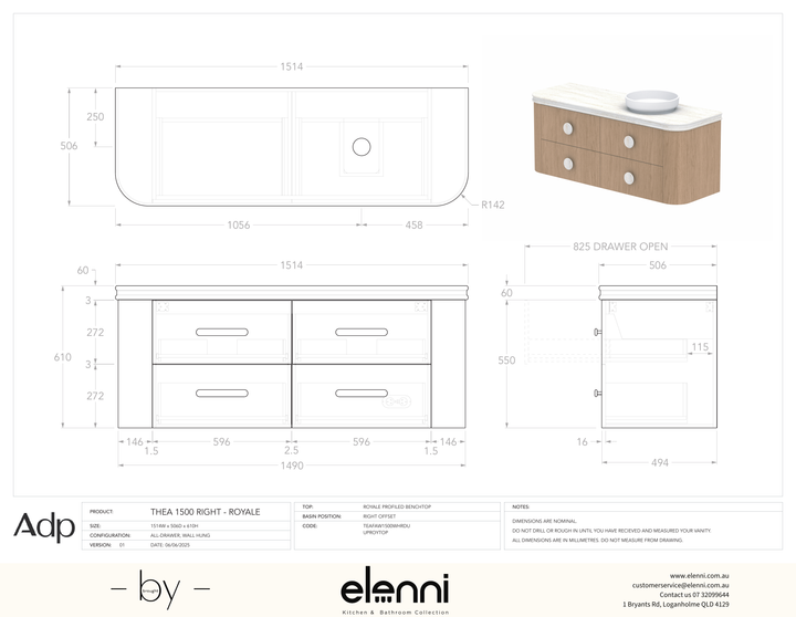 Thea 1500, Royale, Right Offset Bowl, Elenni specification drawing