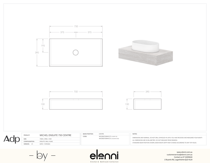 Michel Ensuite 750 Centre, Elenni specification drawing