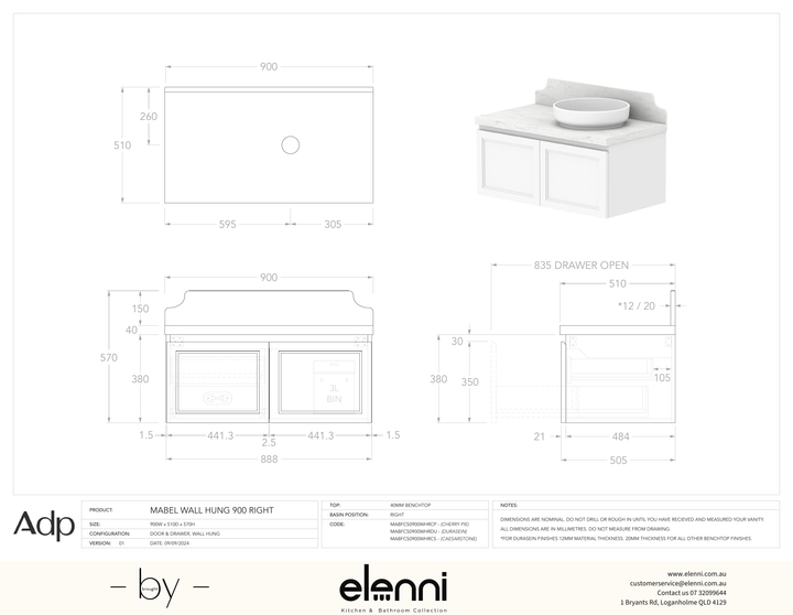 Mabel 900 Wall Hung Right Offset, Elenni specification drawing