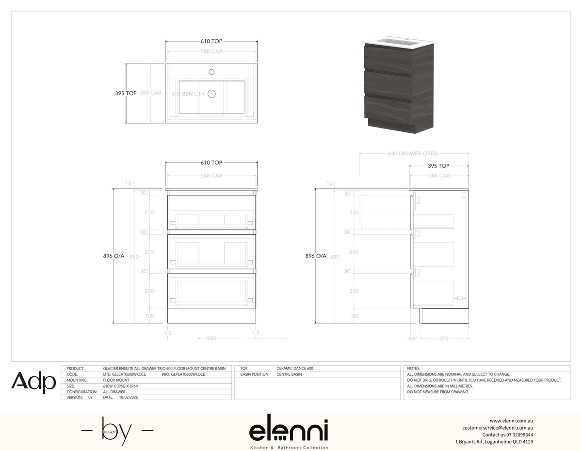 Glacier Ensuite, All-Drawer 600 Trio FM, Ceramic Centre Bowl - Elenni specification drawing