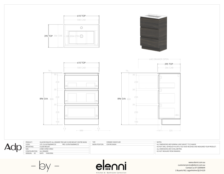 Glacier Ensuite, All-Drawer 600 Trio FM, Ceramic Centre Bowl - Elenni specification drawing