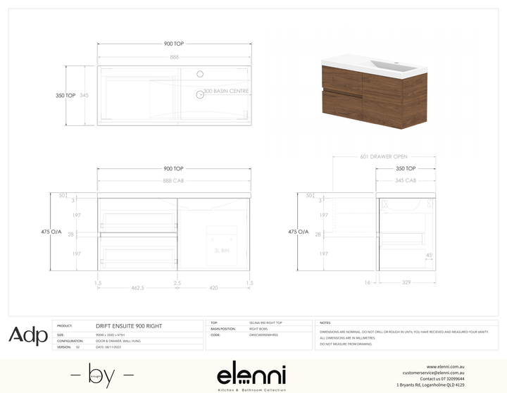 Drift Ensuite 900 Right Offset - Elenni specification drawing