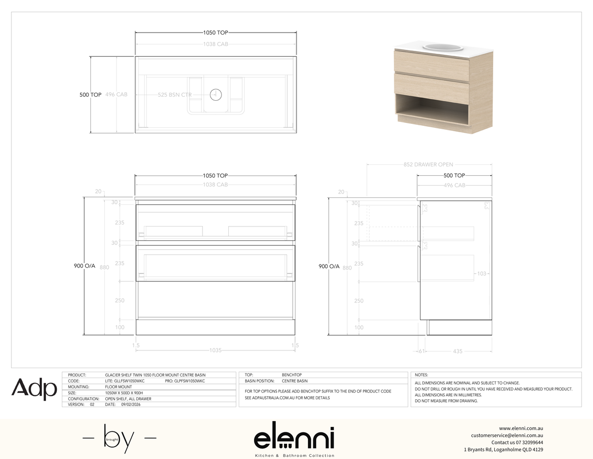 Glacier FD, Shelf, 1050 Twin FM, Benchtop Centre Bowl - Elenni specification drawing