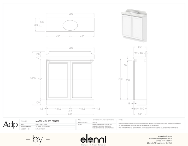 Mabel Mini 900 Floor Mount Centre, Elenni specification drawing