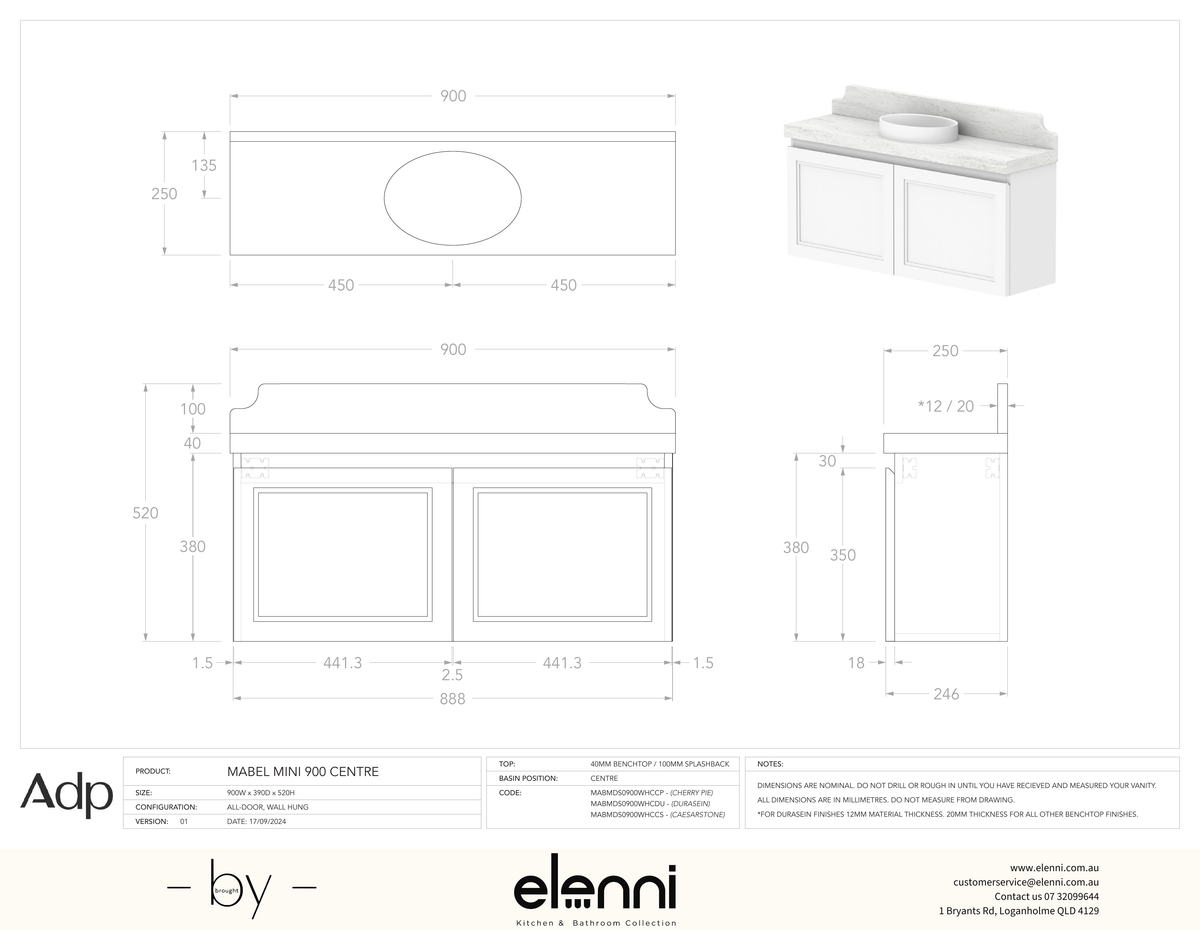 Mabel Mini 900 Wall Hung Centre - Elenni specification drawing