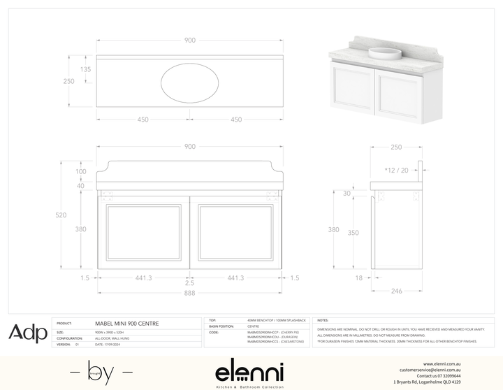 Mabel Mini 900 Wall Hung Centre - Elenni specification drawing