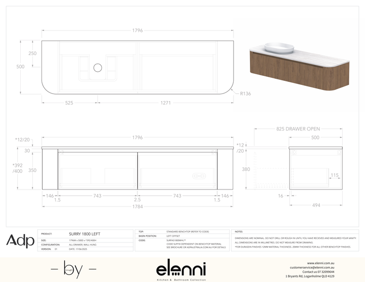 Surry 1800, Benchtop, Left Offset Bowl, Elenni specification drawing