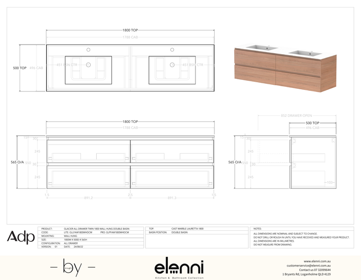 Glacier FD, All Drawer, 1800 Twin WH, Cast Marble Double Bowl - Elenni specification drawing