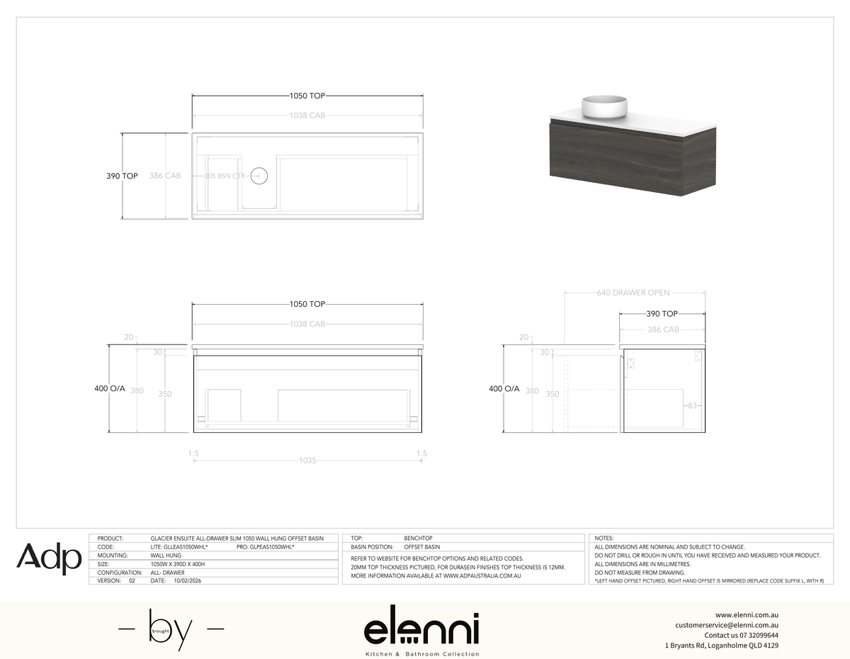 Glacier Ensuite, All-Drawer 1050 Slim WH, Benchtop Offset Bowl - Elenni specification drawing