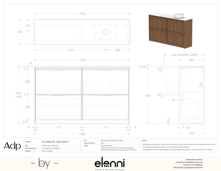 Eli Ensuite 1500 Floor Mount Right Offset - Elenni specification drawing