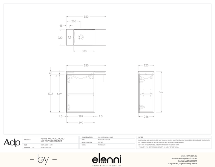 Petite Rail 550 Top/400 Cabinet Wall Hung, Elenni specification drawing