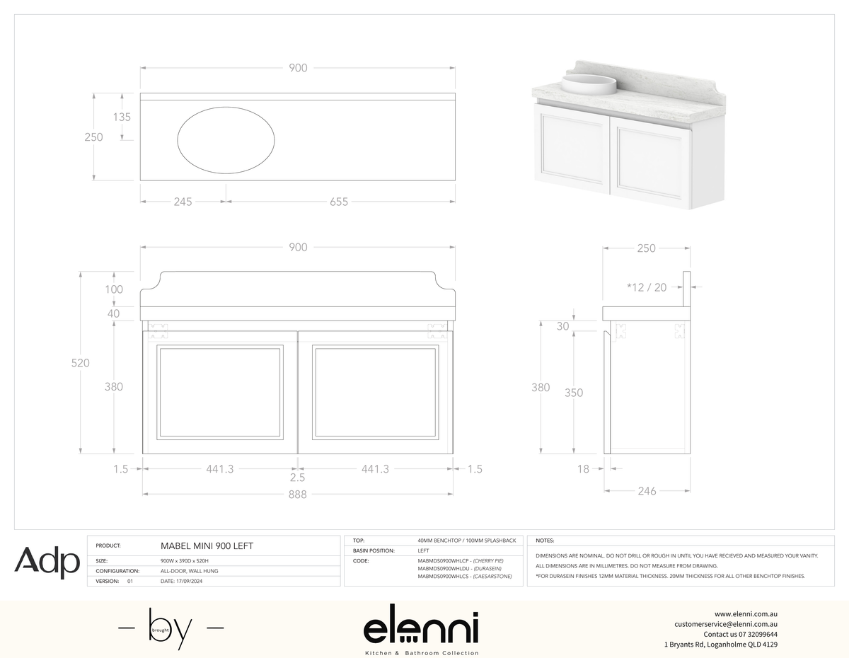 Mabel Mini 900 Wall Hung Left Offset - Elenni specification drawing