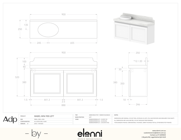 Mabel Mini 900 Wall Hung Left Offset, Elenni specification drawing