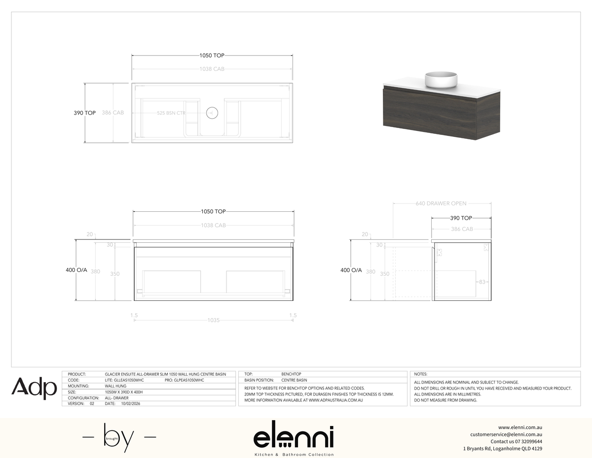 Glacier Ensuite, All-Drawer 1050 Slim WH, Benchtop Centre Bowl - Elenni specification drawing