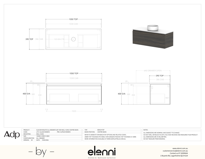 Glacier Ensuite, All-Drawer 1050 Slim WH, Benchtop Centre Bowl - Elenni specification drawing