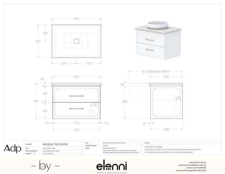 Madden 750 Centre, Elenni specification drawing