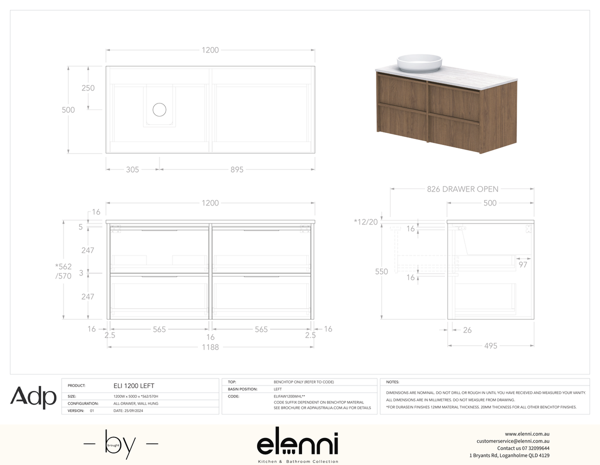 Eli 1200 Wall Hung Left Offset, Elenni specification drawing